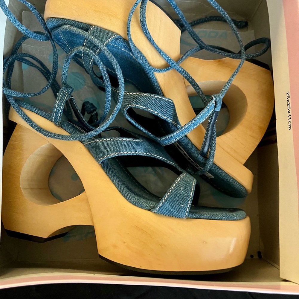 Y2K SODA Denim Lace-Up Wooden Heel, Wooden Platform Heels, 2000s heels